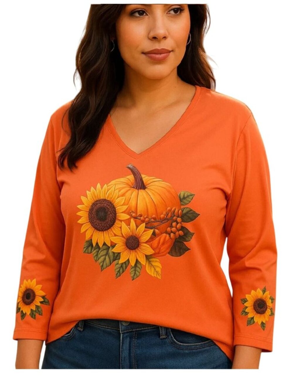 Pumpkin Sunflower Fall Top L Womens Orange Graphic Autumn Thanksgiving Holidays